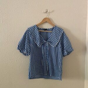 Classic Blue Gingham Blouse with Scalloped Collar
